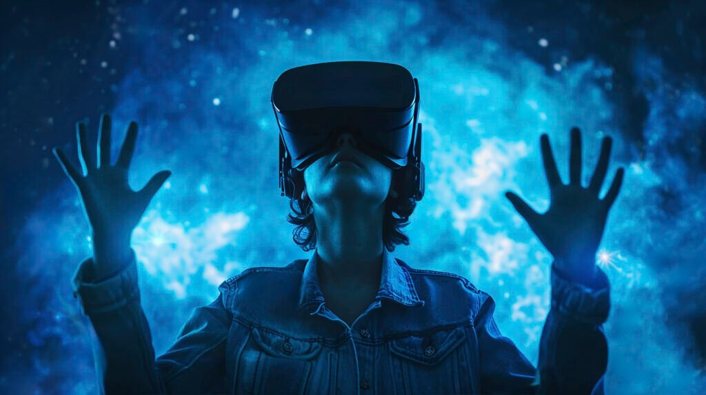 person wearing high tech vr glasses while surrounded by bright blue neon colors